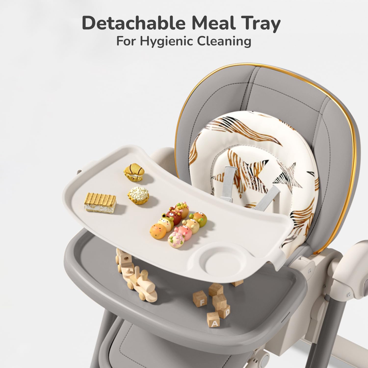 Modern baby high chair with adjustable tray and a separate baby swing/bouncer, both in a neutral cream and beige color scheme. Features happy babies using the multi-functional seating, perfect for a nursery or living room." www.usmile.com